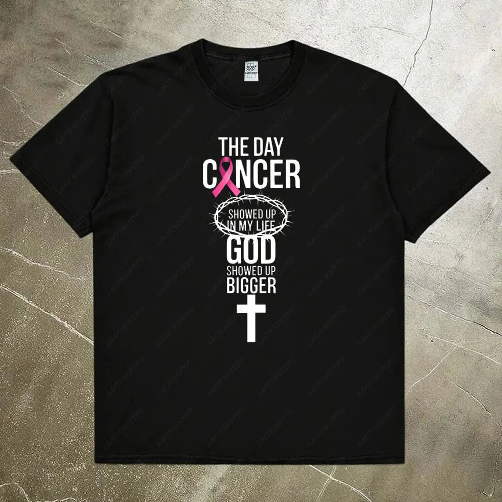 Breast Cancer Awareness Month Women Shirt Breast Cancer Awareness God Showed Up Bigger Christian Quote for T-Shirts Tops