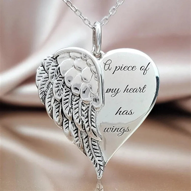 A Piece of My Heart Has Wings Pendant European American Angel Wings Engraved Necklace Jewelry Necklace for Women