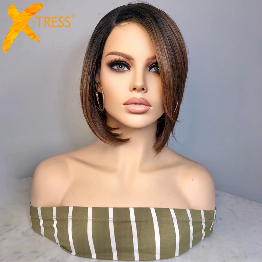 Synthetic Lace Front Wig L Part Straight Short Bob Ombre Rachel Brown Colored Soft Hair Wigs For Women Right Side Part