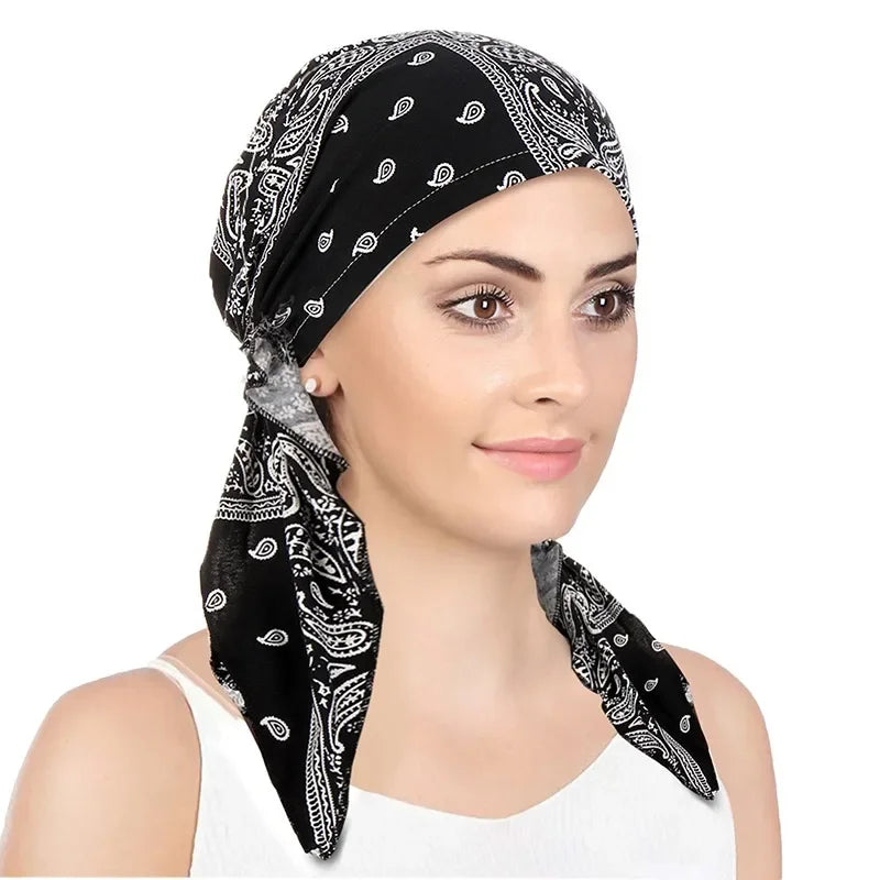 Women Soft Head Scarf Headbands Pre-Tied Head Scarf Printed Ladies Cotton Chemo Cap  Hair Accessories