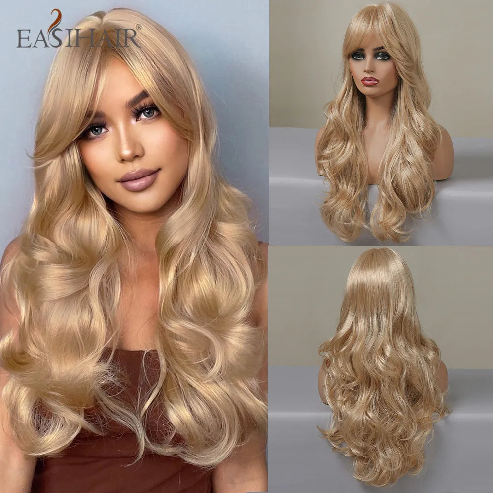 EASIHAIR Sandy Blonde Golden Wavy Synthetic Wigs with Long Hair Wigs for Women Natural Heat Resistant