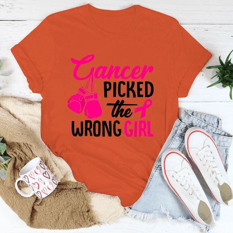 Breast Cancer Cancer Picked The Wrong Girl Printing T-Shirt Fashion Short Sleeve Summer Cool Hip Hop Top Tee