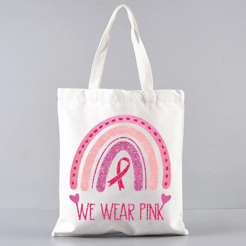October Pink Breast Cancer Awareness Pattern Bag Set, Lightweight Large Capacity Tote Bag, Party Gift Handbag for Girls