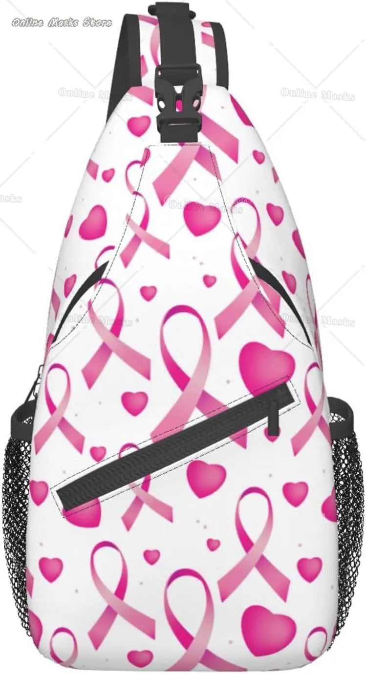 Breast Cancer Pink Awareness Ribbon Sling Bag for Women Girls Shoulder Backpack Chest Bags Crossbody Daypack for Hiking Camping
