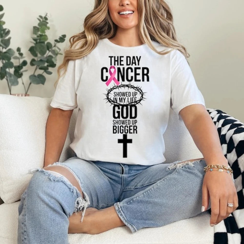 Breast Cancer Awareness Month Women Shirt Breast Cancer Awareness God Showed Up Bigger Christian Quote for T-Shirts Tops