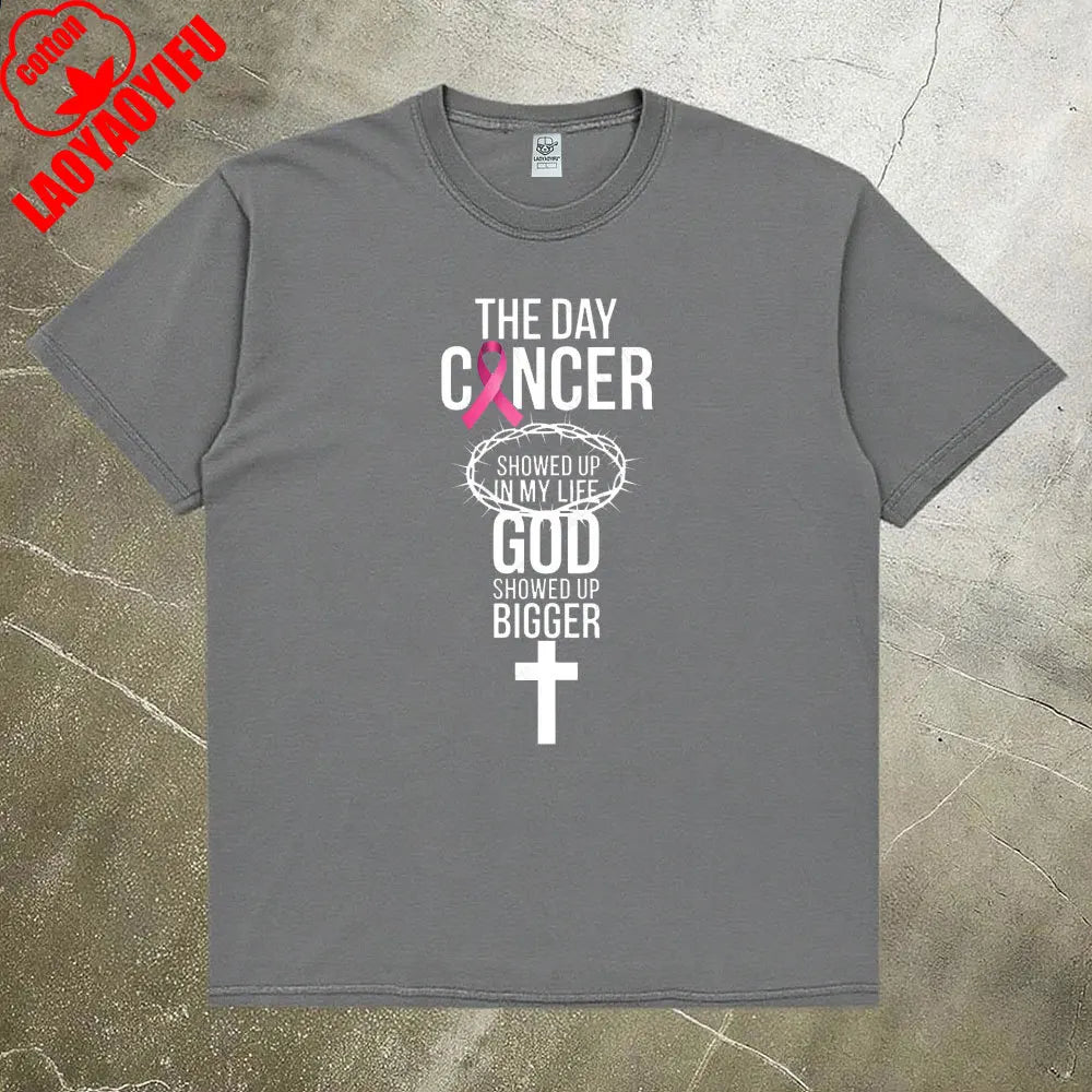 Breast Cancer Awareness Month Women Shirt Breast Cancer Awareness God Showed Up Bigger Christian Quote for T-Shirts Tops