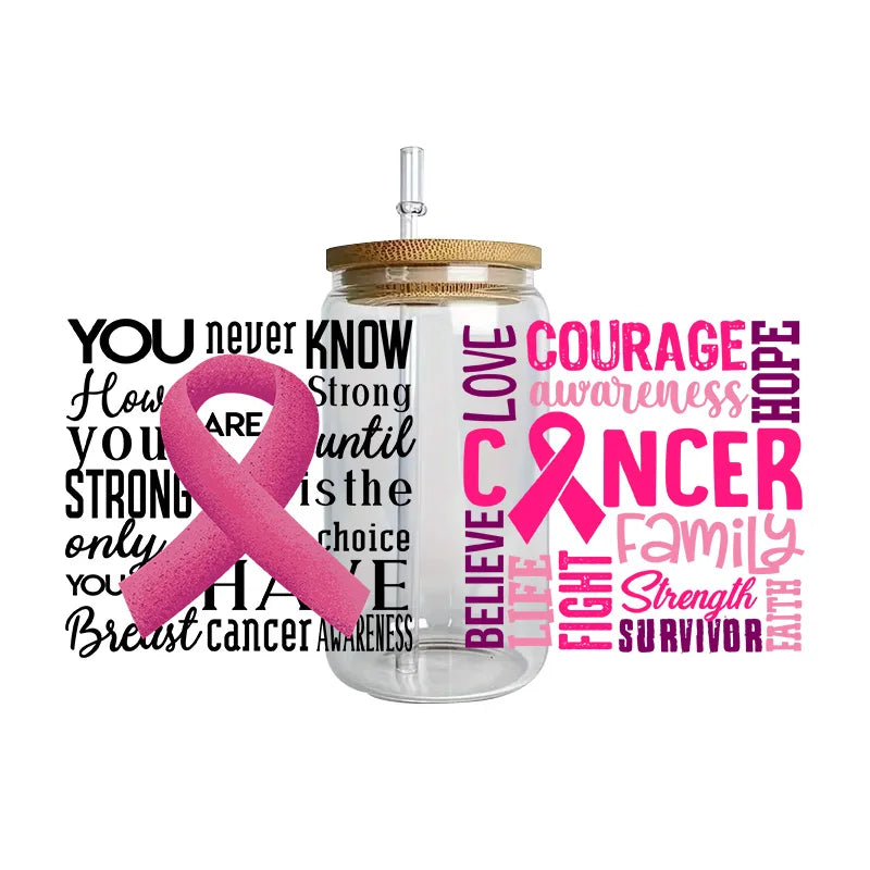 Pink Ribbon Affirmation Cup Wraps Decals for 16oz Libbey Glass Breast Cancer Awareness 3D Transfer Stickers UV DTF Cup Wraps
