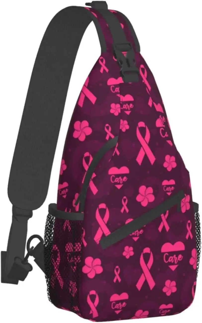 Breast Cancer Pink Awareness Ribbon Sling Bag for Women Girls Shoulder Backpack Chest Bags Crossbody Daypack for Hiking Camping