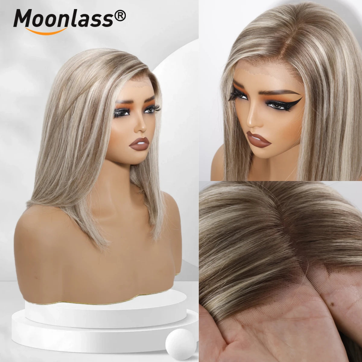 Moonlass 210 Density Highlight Grey Velvet Blunt Cut Bob 100% Human Hair Wigs Breathable Cap Construction Luxury for Everyday
