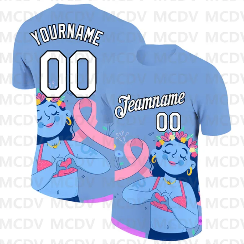 Custom Light Blue White 3D Pink Ribbon Breast Cancer Performance T-Shirt