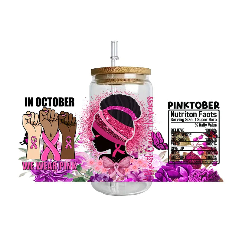 Pink Ribbon Affirmation Cup Wraps Decals for 16oz Libbey Glass Breast Cancer Awareness 3D Transfer Stickers UV DTF Cup Wraps