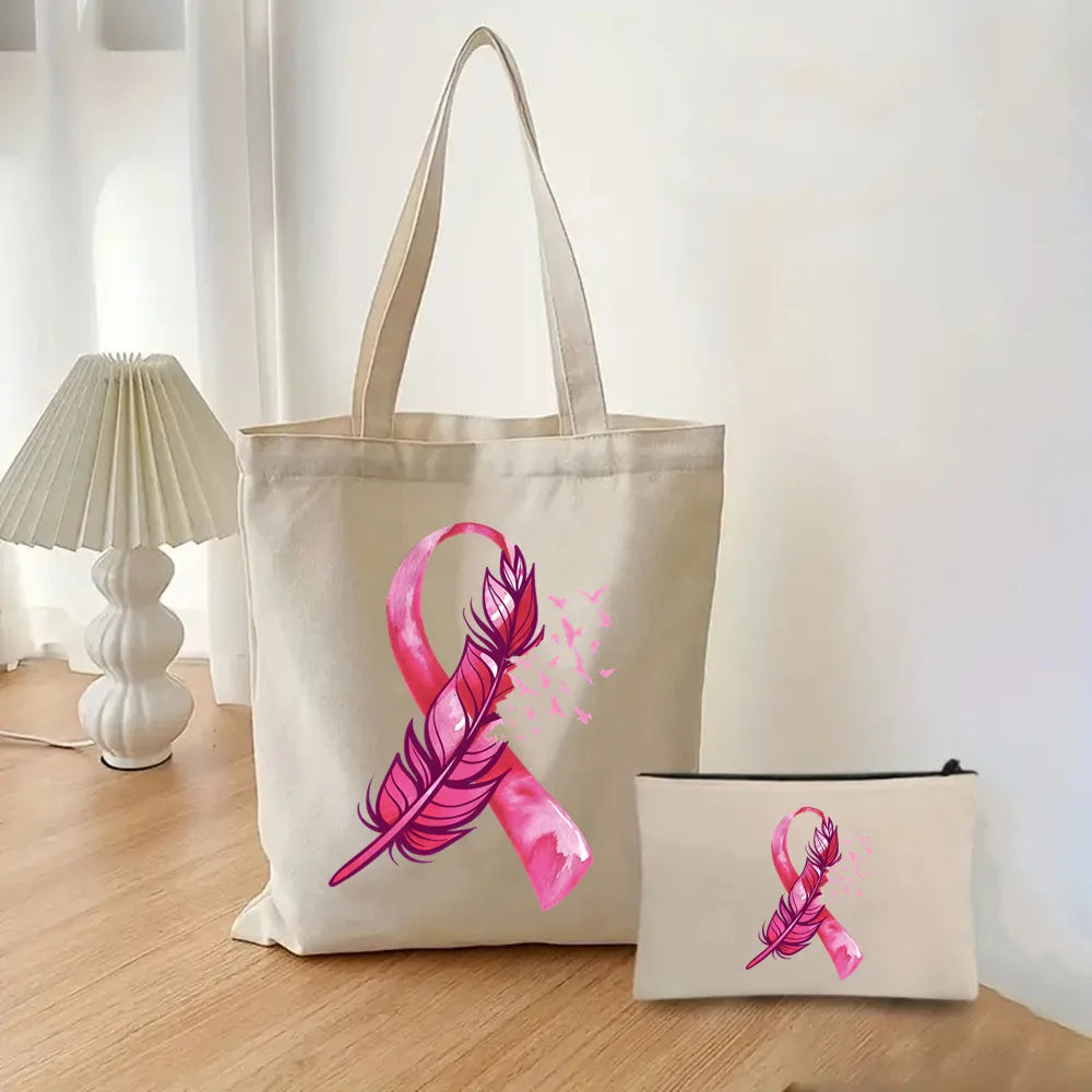 October Pink Breast Cancer Awareness Pattern Bag Set, Lightweight Large Capacity Tote Bag, Party Gift Handbag for Girls