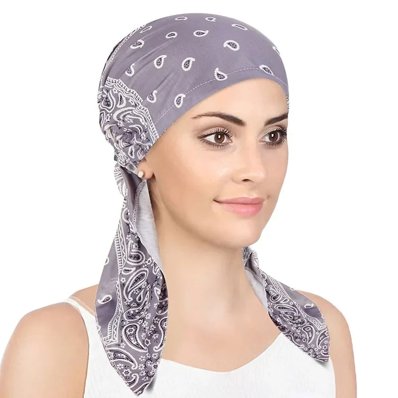 Women Soft Head Scarf Headbands Pre-Tied Head Scarf Printed Ladies Cotton Chemo Cap  Hair Accessories