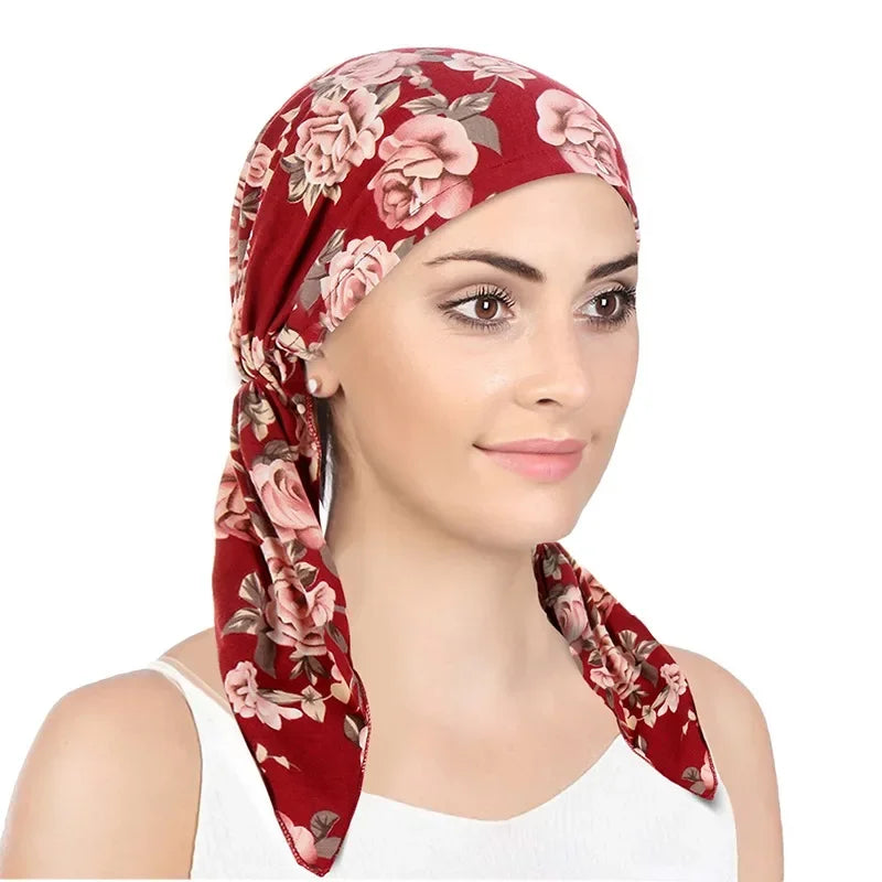 Women Soft Head Scarf Headbands Pre-Tied Head Scarf Printed Ladies Cotton Chemo Cap  Hair Accessories