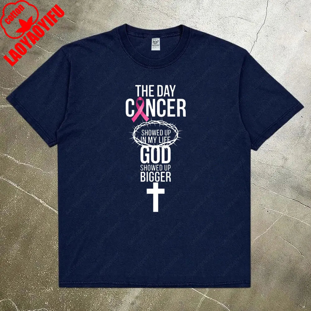Breast Cancer Awareness Month Women Shirt Breast Cancer Awareness God Showed Up Bigger Christian Quote for T-Shirts Tops