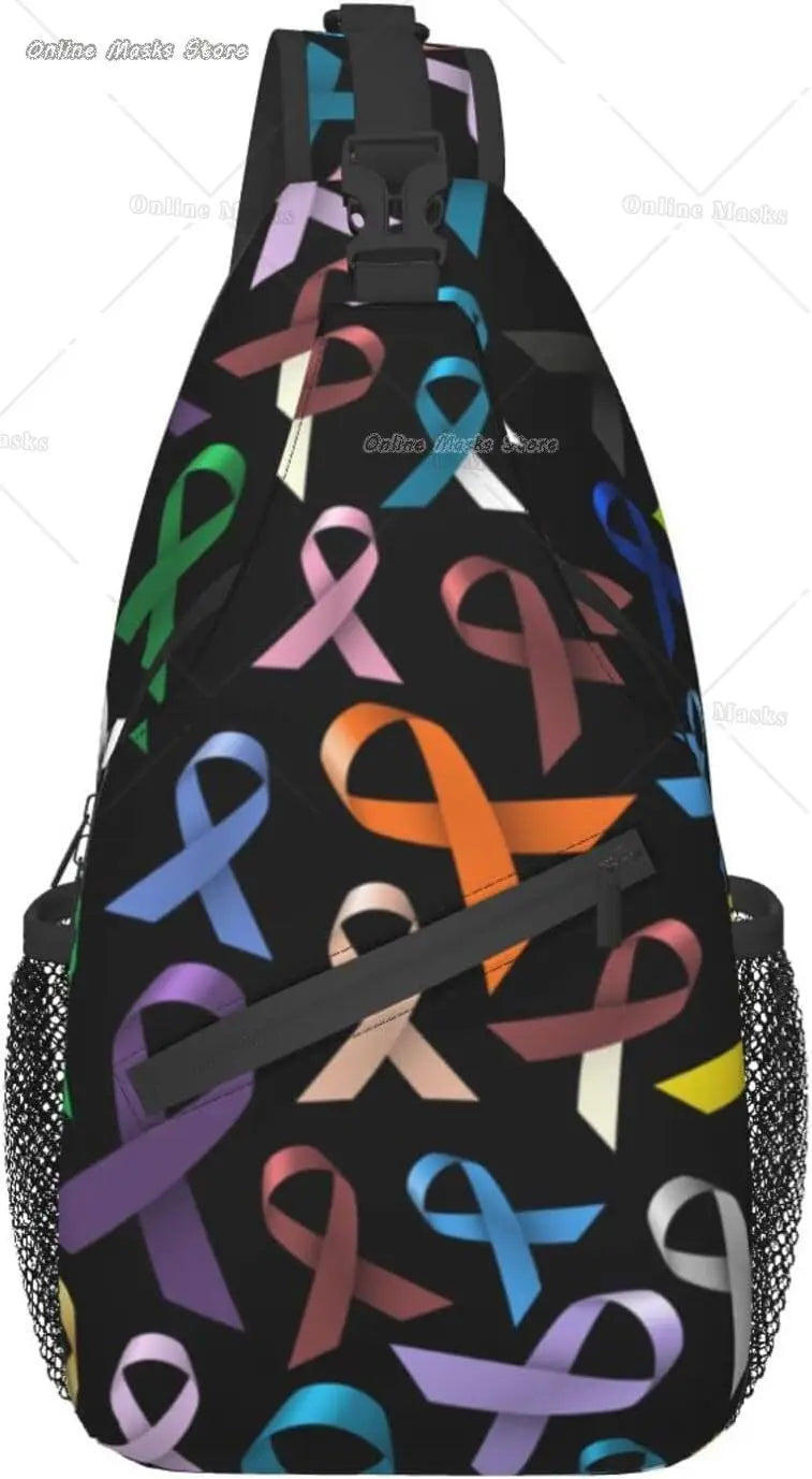 Breast Cancer Pink Awareness Ribbon Sling Bag for Women Girls Shoulder Backpack Chest Bags Crossbody Daypack for Hiking Camping