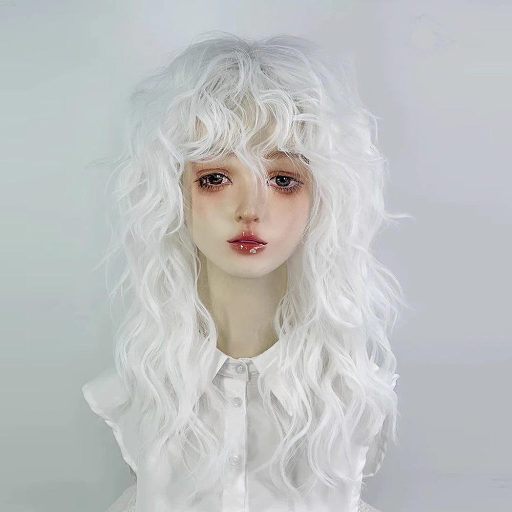 Long Wavy Curly White Synthetic Wig with Bangs Heat Resistant  Women Fluffy Lolita Cosplay Wig for Daily Party