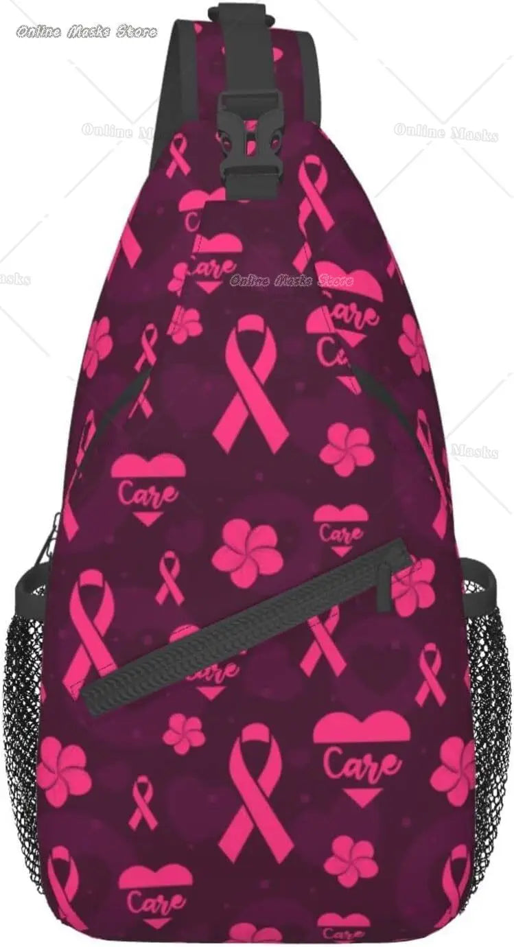 Breast Cancer Pink Awareness Ribbon Sling Bag for Women Girls Shoulder Backpack Chest Bags Crossbody Daypack for Hiking Camping