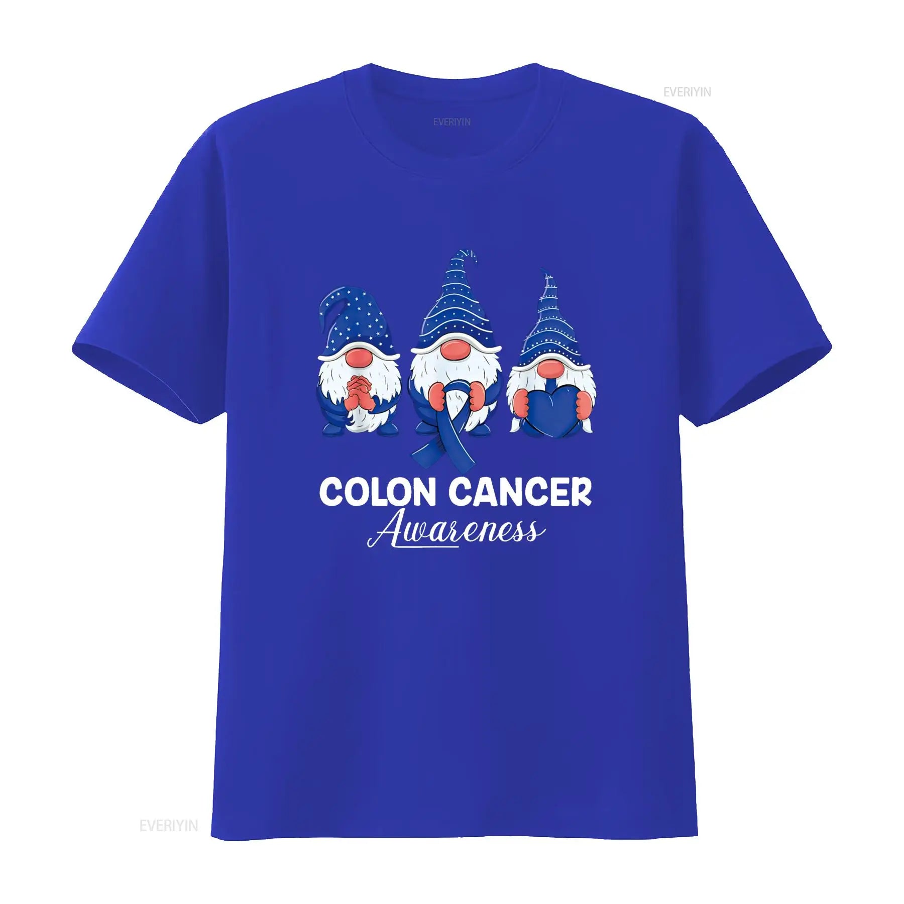 Colon Cancer Support gnomes with ribbon; Colorectal Awareness T Shirt vintage Washed Stretched graphic Top For Everyday Wear
