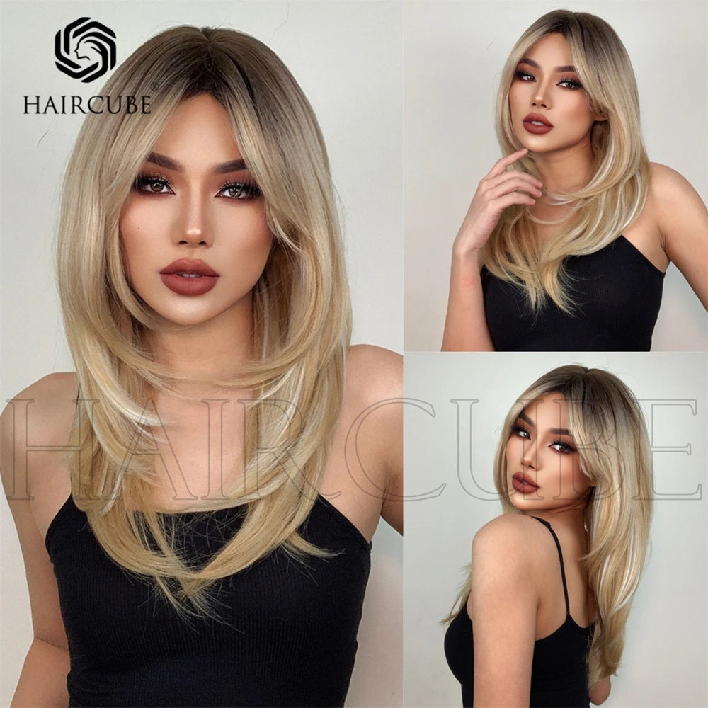 European and American wig, high level wig with bangs, gradient gold, brown, red wig for women's daily wear