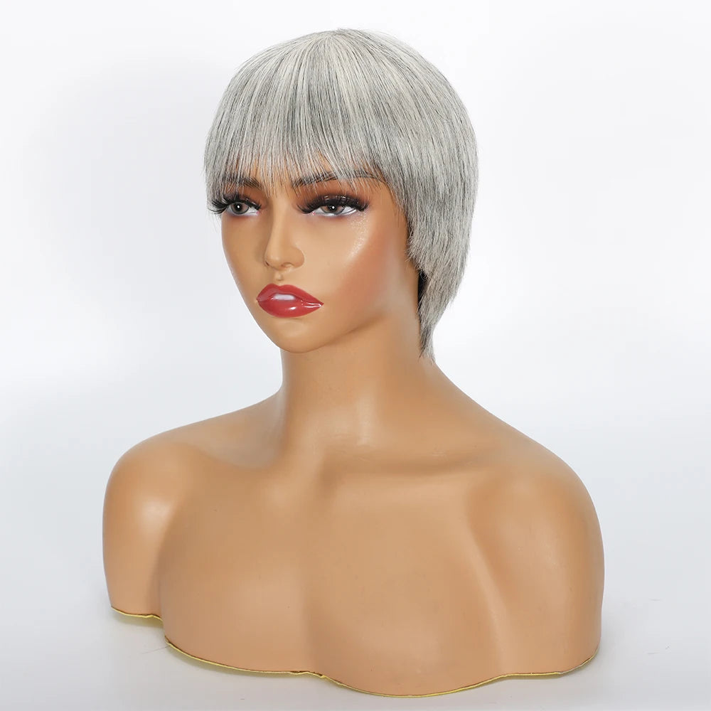 Ombre Grey Short Pixie Cut Wig with Bangs Salt and Pepper Human Hair Wig Pre Plucked Glueless Gray Bob Wig Full Machine Made