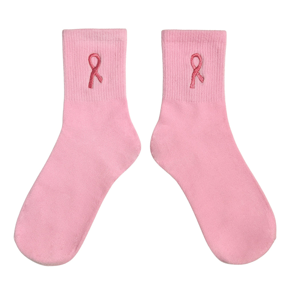 Ribbon Embroidered Breast Cancer Awareness Socks, Cozy Soft Crew Socks, Great Gifts For Ladies, Youth, Sports Clubs & Family