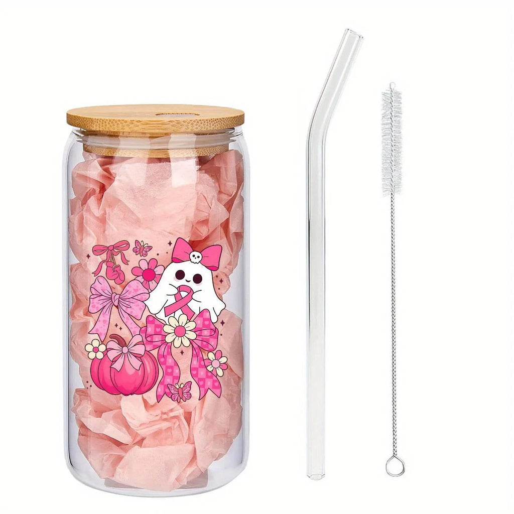 Breast Cancer Awareness Glass Set: Pink ribbon/pumpkin design – Bottle & pitcher, gifts for her/occasions.