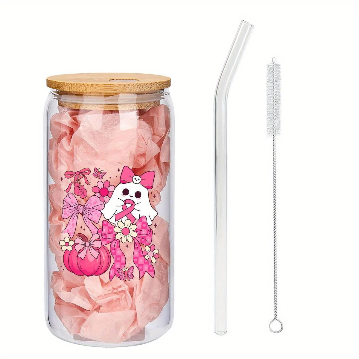 Breast Cancer Awareness Glass Set: Pink ribbon/pumpkin design – Bottle & pitcher, gifts for her/occasions.