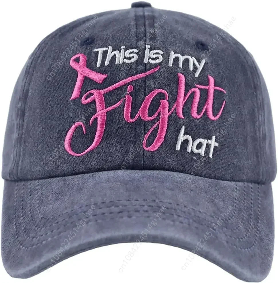 This is My Fight Hat, Distressed Cotton Adjustable Embroidered Pink Ribbon Breast Cancer Baseball Cap