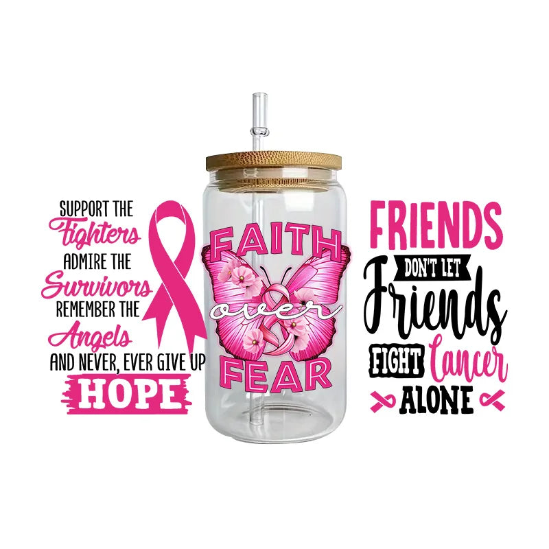 Pink Ribbon Affirmation Cup Wraps Decals for 16oz Libbey Glass Breast Cancer Awareness 3D Transfer Stickers UV DTF Cup Wraps