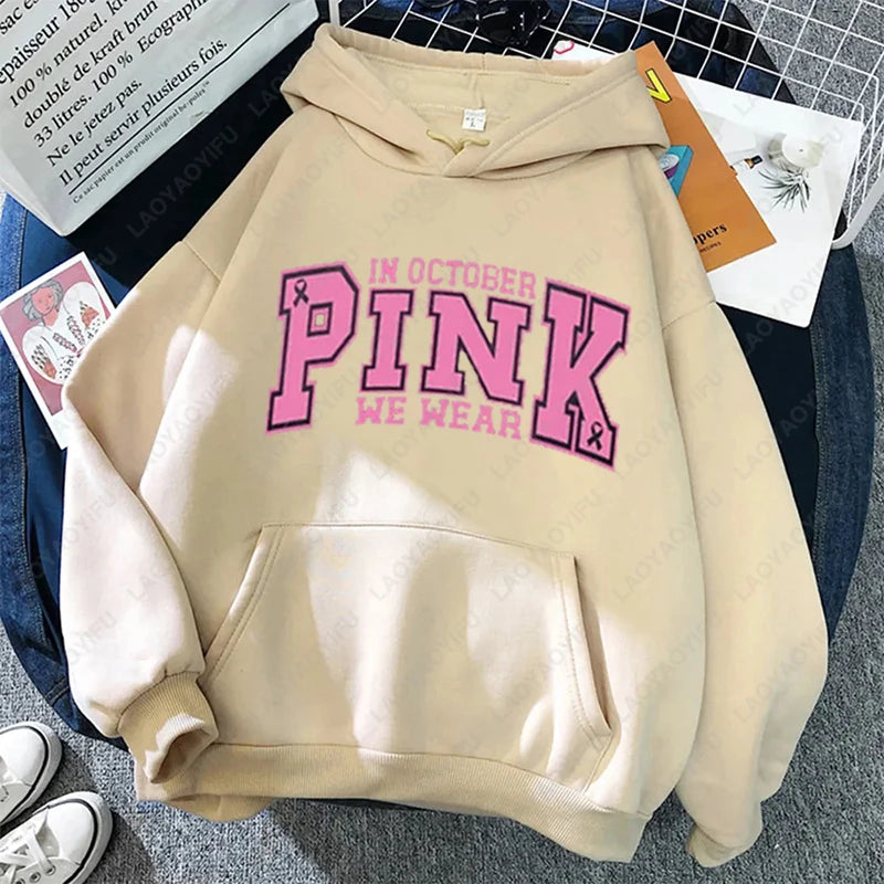 Survivor Friendship Preppy Cute Hoodie in October We Wear Pink Breast Cancer Sweatshirt Men Women Simple All Match Warm Pullover