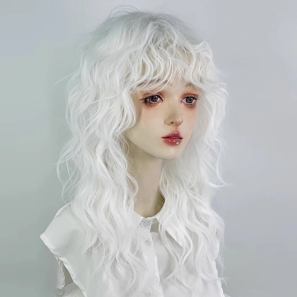 Long Wavy Curly White Synthetic Wig with Bangs Heat Resistant  Women Fluffy Lolita Cosplay Wig for Daily Party