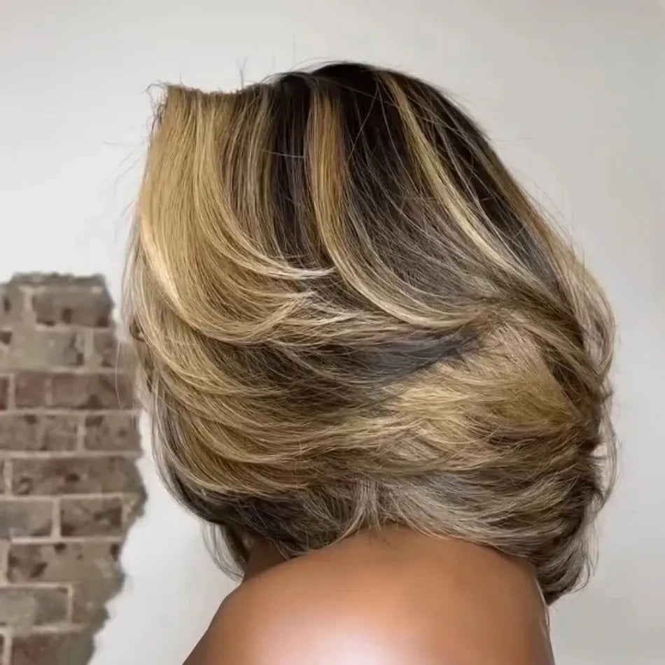 Blonde Highlight Layered Cut Bob 5X5 Lace Closure Wig Short Bob Wig Human Hair 100% Colored Highlight Ombre Straight For Women