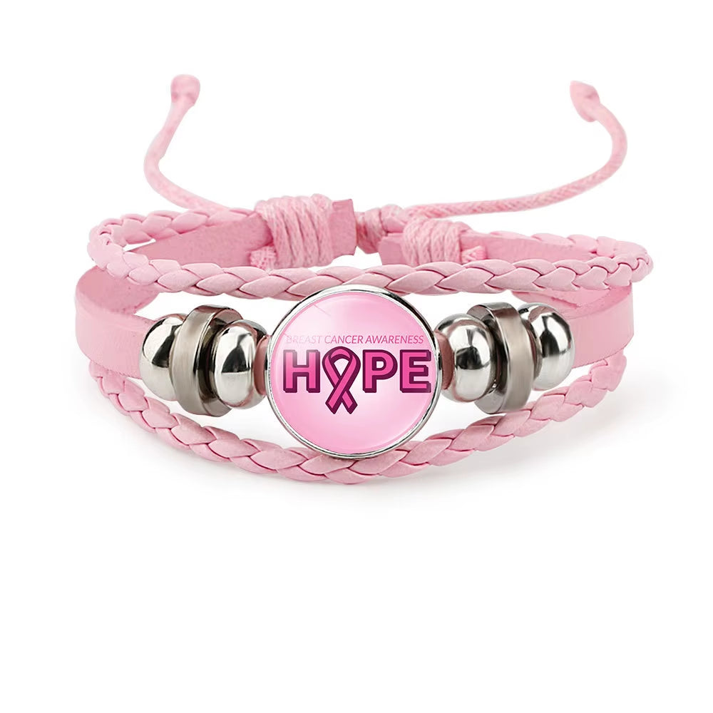 Breast Cancer Awareness Hope Bracelet for Women Pink Ribbon Charm Braided Leather Rope Wrap Bangle Fashion Handmade Jewelry