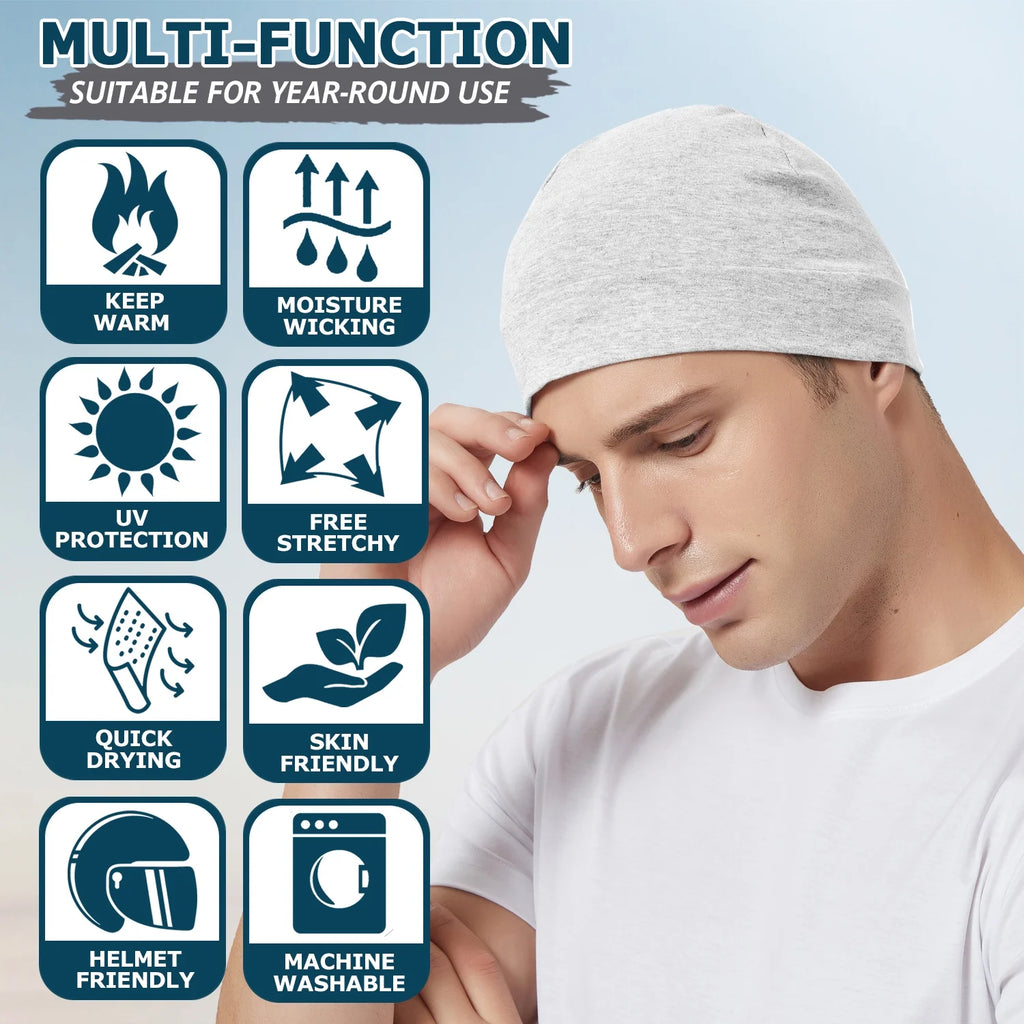 Cotton Skull Cap 4Pcs Thin Cancer Chemo Hat Beanies for Men Women 3 Grey,Black