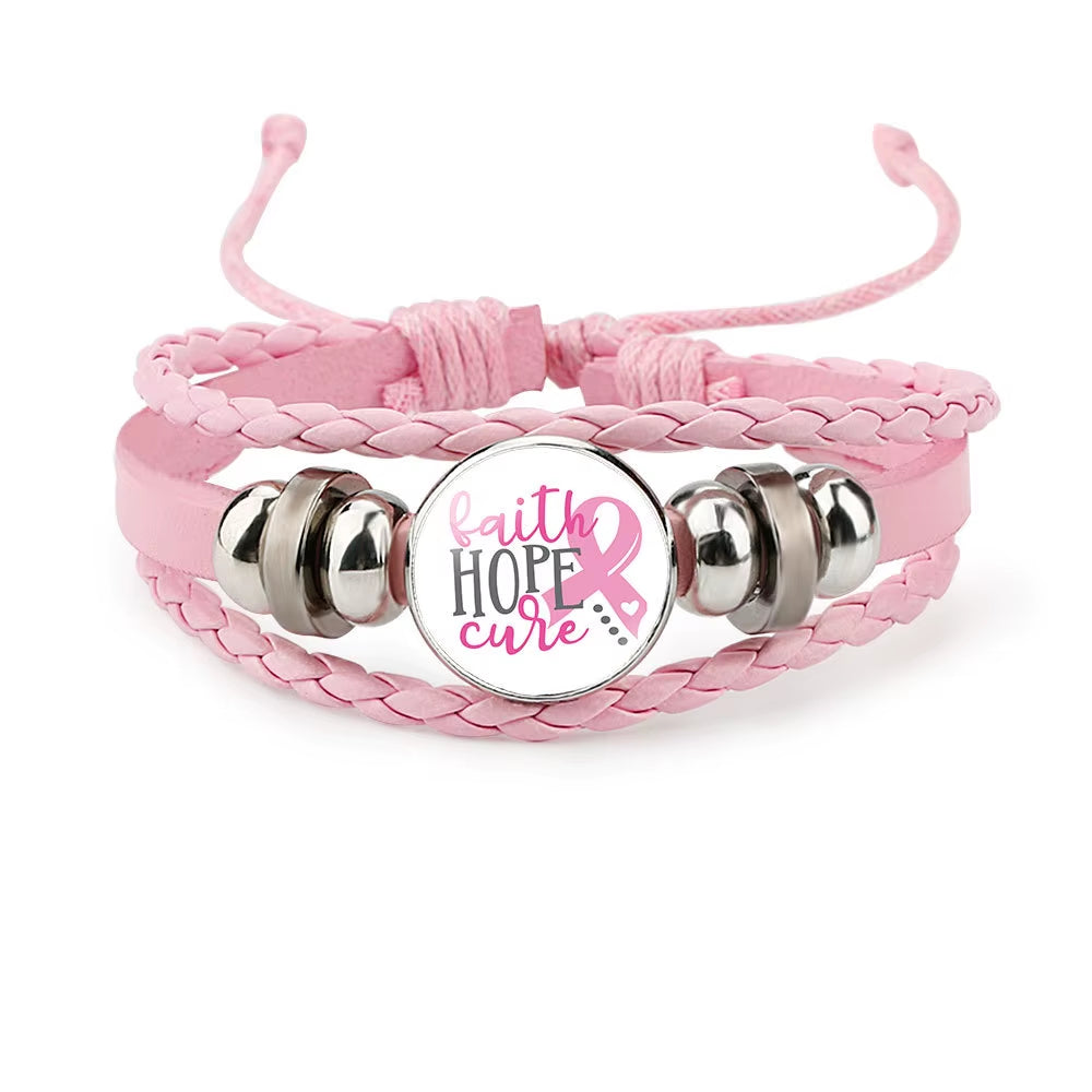 Breast Cancer Awareness Hope Bracelet for Women Pink Ribbon Charm Braided Leather Rope Wrap Bangle Fashion Handmade Jewelry