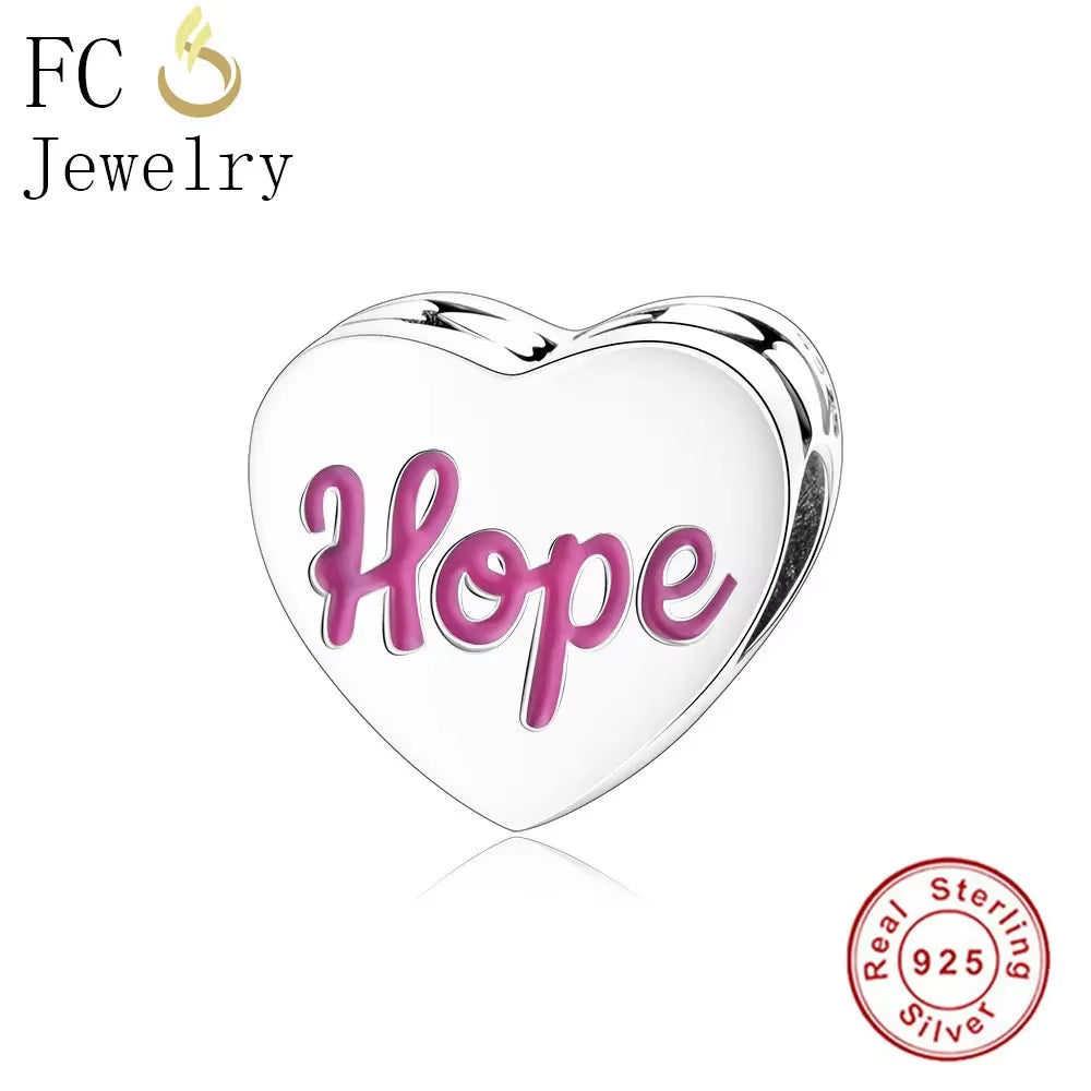 Jewelry Fit Original Brand Charms Bracelets 925 Sterling Silver Breasts Cancer Hope Ribbon Heart Family Mom Bead Women DIY
