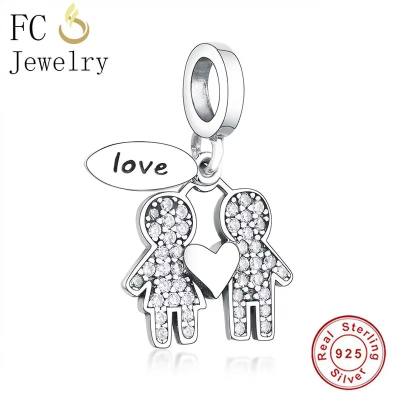Jewelry Fit Original Brand Charms Bracelets 925 Sterling Silver Breasts Cancer Hope Ribbon Heart Family Mom Bead Women DIY