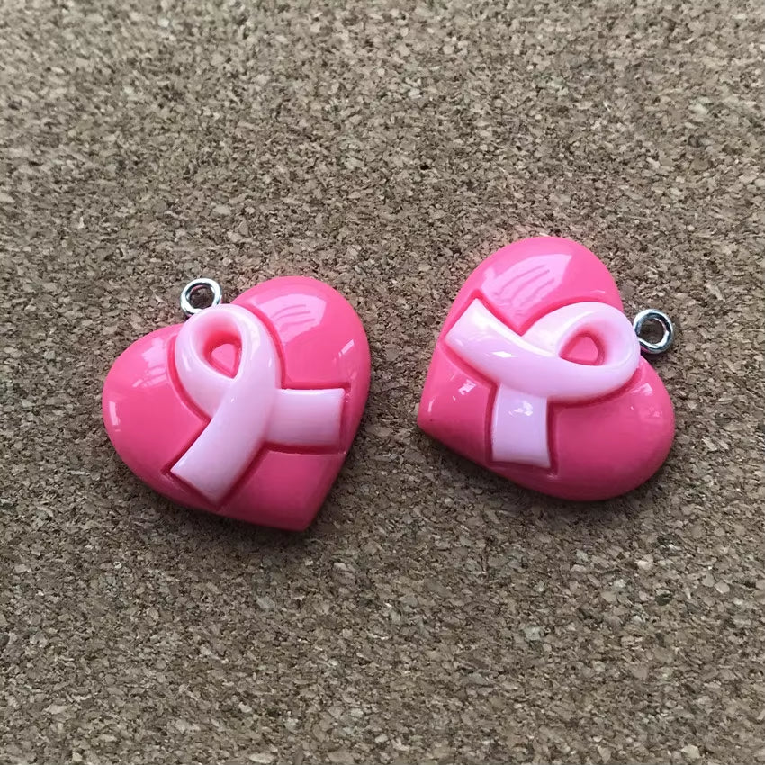 20Pcs/Lot 23Mm*20Mm Resin Fatback Heart with Breast Cancer Ribbon Hope Accessories Jewelry Diy Necklace/Bracel